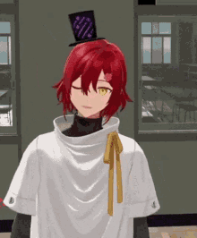 a 3d anime character with red hair and a top hat on his head .