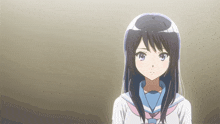 a girl with long black hair and blue eyes is wearing a sailor uniform