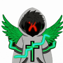 a drawing of a person with wings and a cross on their shirt