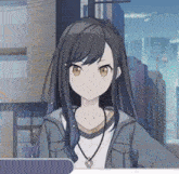 a girl with long black hair and brown eyes is standing in front of a city