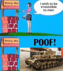 a woman is standing in front of a wishing well and a tank .
