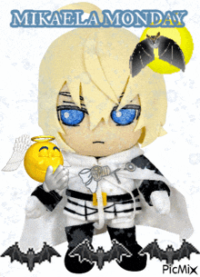 a picture of a stuffed doll with the words mikaela monday written above it