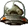 a pixel art of a skull in a glass dome on top of a ufo .
