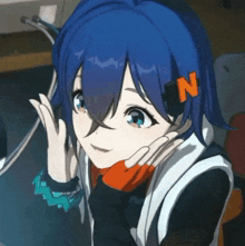 a girl with blue hair has the letter n on her hair