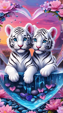 two white tiger cubs are sitting in a heart shaped bowl of water surrounded by pink flowers