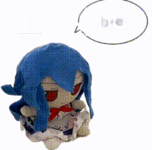 a stuffed doll with blue hair and a speech bubble that says boo duh