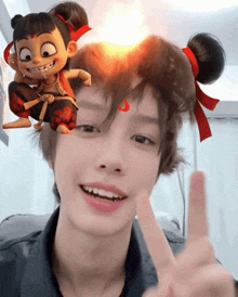 a person with a cartoon character on their head