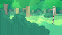 a cartoon character with a sad face is standing in a field