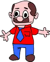 a cartoon man with a mustache and glasses is wearing a red shirt and blue tie
