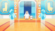 a cartoon of a llama and a cat standing in a hallway
