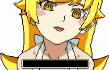 a pixel art drawing of a girl with yellow hair and yellow eyes
