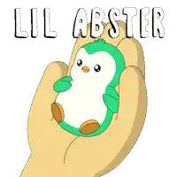 a cartoon drawing of a hand holding a green penguin with the words lil abster written above it