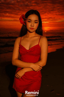 a woman in a red dress is standing on a beach with remini generated with ai written on the bottom