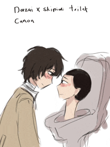 a drawing of dazai x skipidi toilet canon with two people kissing