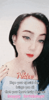 a woman with the name nhee on her face