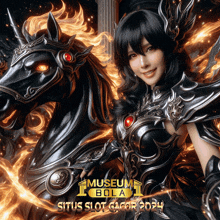 a woman in armor stands next to a black horse with the words museum bola situs slot gacor 2024