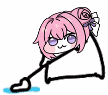 a drawing of a girl with pink hair and purple eyes is sitting on the floor .