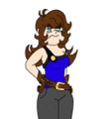 a cartoon drawing of a woman wearing a blue tank top and a belt .