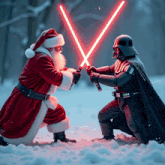 santa and darth vader are holding lightsabers in the snow