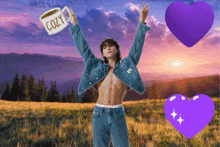a man holding a cup that says cozy