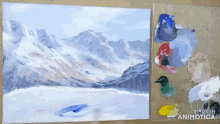 a painting of a snowy mountain is being made in animatica
