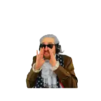a man with sunglasses and a beard is surrounded by other men with headphones and the word ahhhh on them