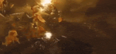 a man is standing in front of a large monster in a video game while a light beam is coming from it .