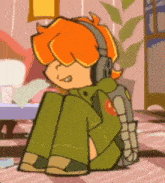 a cartoon character with red hair is sitting on the floor wearing headphones .