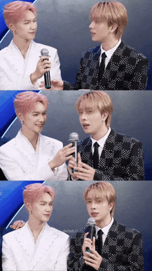 a man in a suit holds a microphone next to another man