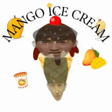 a mango ice cream cone with a face on it