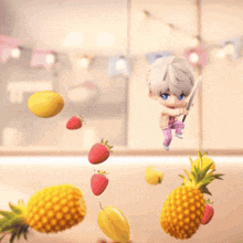 a cartoon character with gray hair and blue eyes is standing on one leg