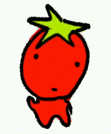 a cartoon drawing of a red tomato with a yellow star on top