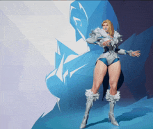 a woman is standing in front of a blue wall