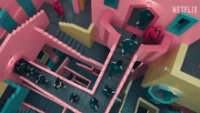 a group of people are walking down stairs in a netflix video