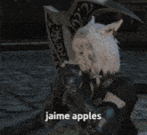 a video game character says jaime apples in front of a dragon shield