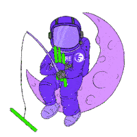 a cartoon drawing of an astronaut holding a fishing rod with the word ple on his shirt
