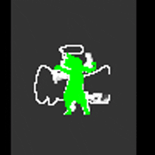 a pixel art of a green dragon with wings and a halo on its head