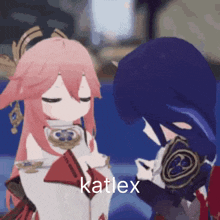 two anime characters are standing next to each other with katlex written in the corner .