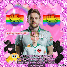 a picture of a man and a boy with the words love conquers all