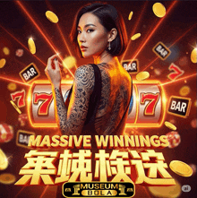 massive winnings museum bola advertisement with a woman