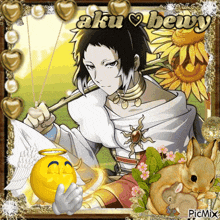 a picture of a man holding a sword with a smiley face in the foreground