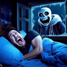 a man is laying in bed with his mouth open and a skeleton is looking out the window .