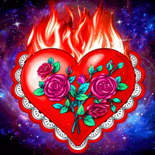 a painting of a heart with roses and flames surrounding it
