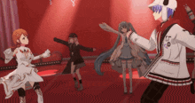 a group of anime characters are dancing in a room with red walls