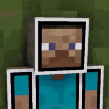 a close up of a minecraft character with a blue shirt and purple eyes .