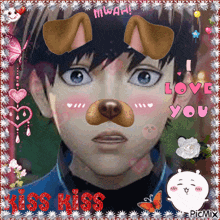 a picture of a boy with a dog mask on his face and the words i love you kiss kiss