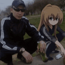 a man and a girl are squatting next to each other holding bottles