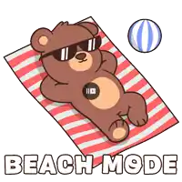 a teddy bear wearing sunglasses is laying on a striped towel with the words beach mode below it