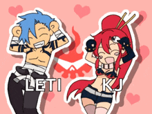 a cartoon drawing of a boy and a girl with the name leti kj on the bottom