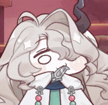 a close up of a cartoon character with white hair and horns holding something in her mouth .